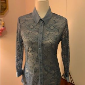Anne Fontaine sheer blue lace blouse.